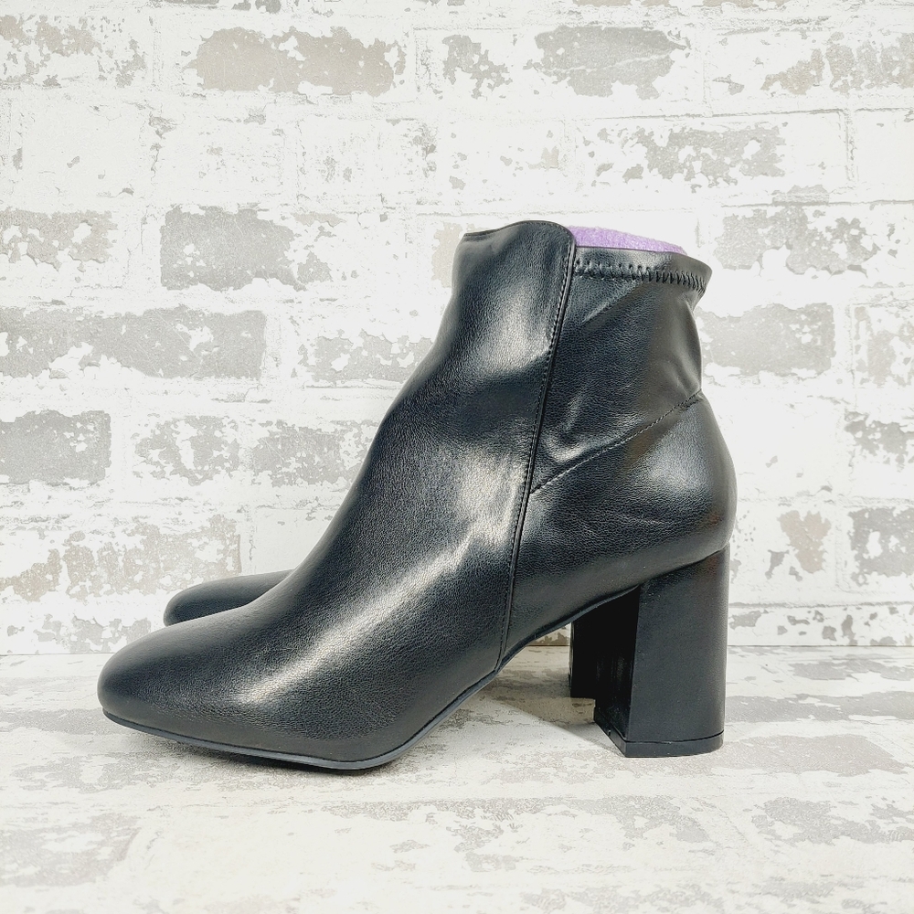 New MIA CARLA - BLACK Vegan Leather Square toe Stacked Heel Ankle Boots D70